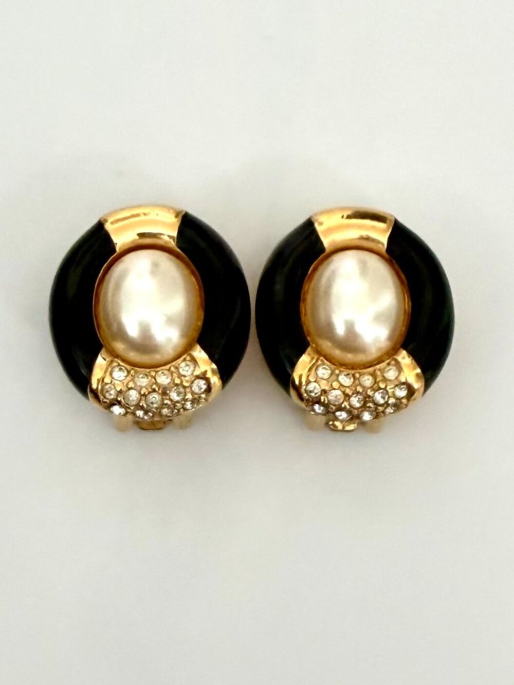 Christian Dior Vintage Clip On Earrings 80s Faux Pearl Black Enamel Rhinestones